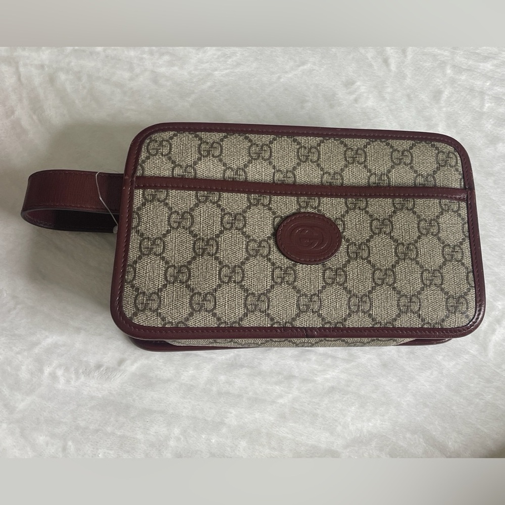 Gucci burgundy GG supreme canvas and leather  travel pouch/clutch
